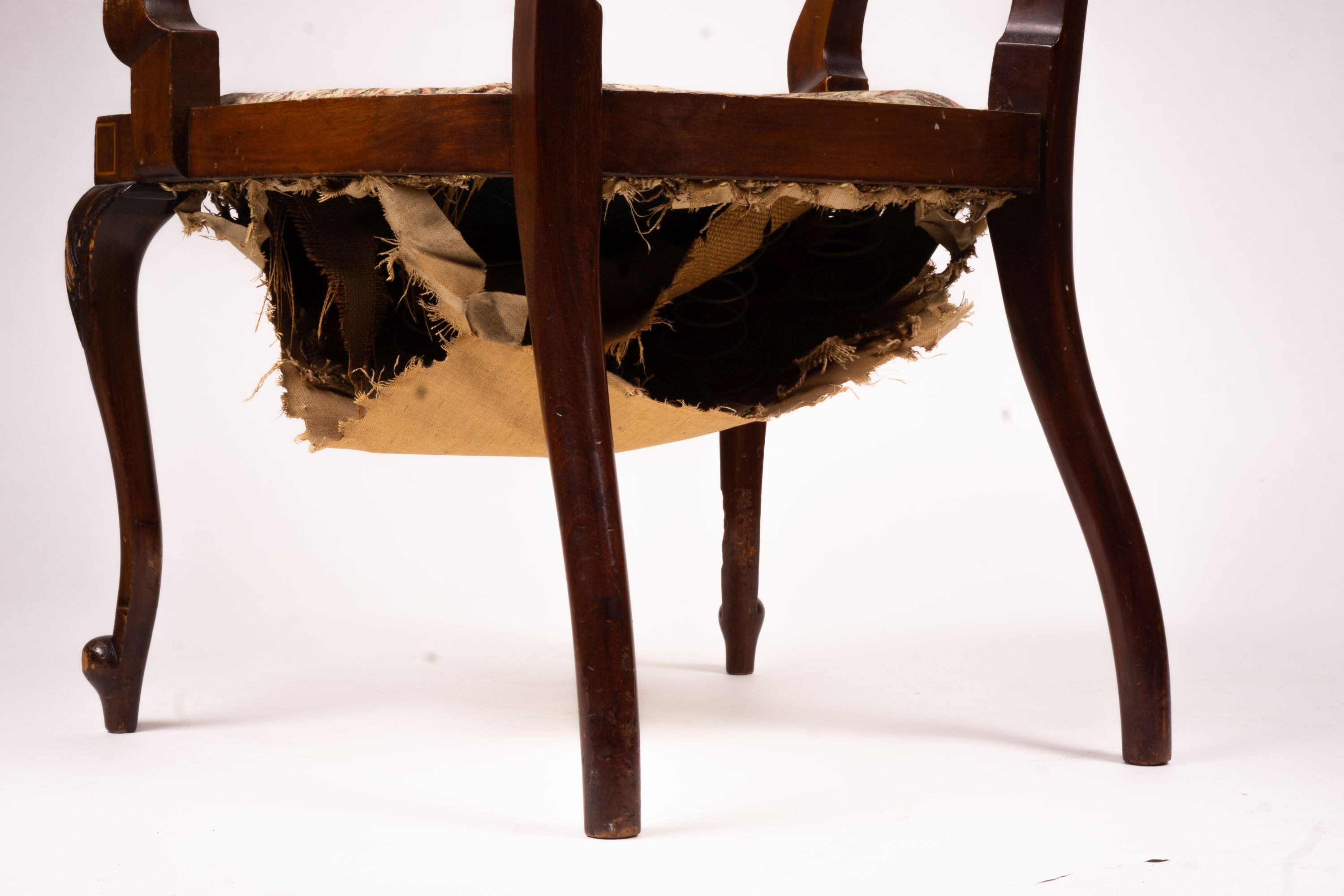 An Edwardian marquetry inlaid elbow chair (AF) and a side chair